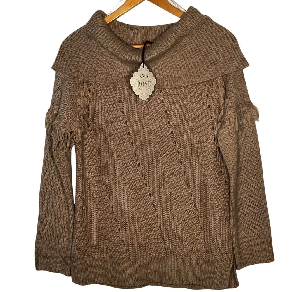 Knox Rose M Tan Knit Cowl Neck Sweater With Fringe Detail Women's Cozy Warm Soft